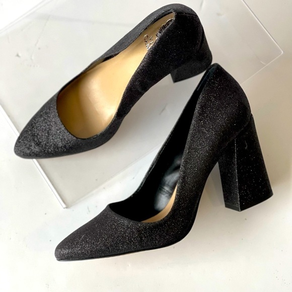 Vince Camuto Black Glitter Pumps Heels Block Heels Pointed Toe, Sz 8M - Picture 6 of 14